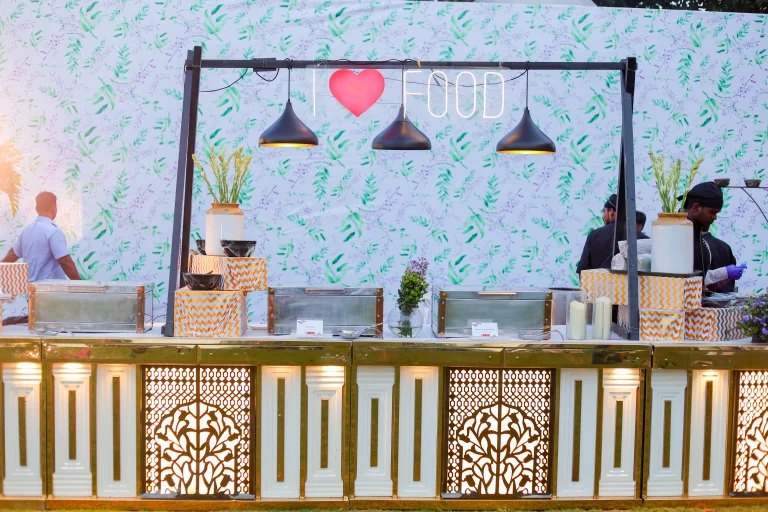 Modern vegetarian wedding catering buffet setup in Chennai by Sarvsri