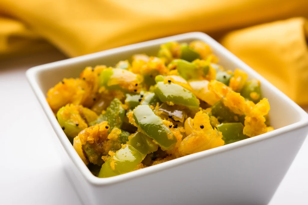 South Indian Capsicum Poriyal (stir-fry) with mustard seeds and grated coconut