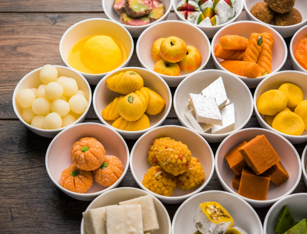 A vibrant sweet rangoli display by Sar V Sri Brahmin Catering Services