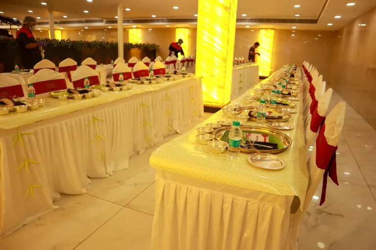 Grand traditional wedding catering services dining hall setup in Chennai by Sar V Sri Catering