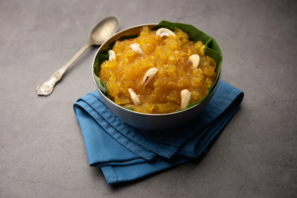 Kashi Halwa garnished with cashews and saffron, served by Sar V Sri Brahmin Catering Services in chennai