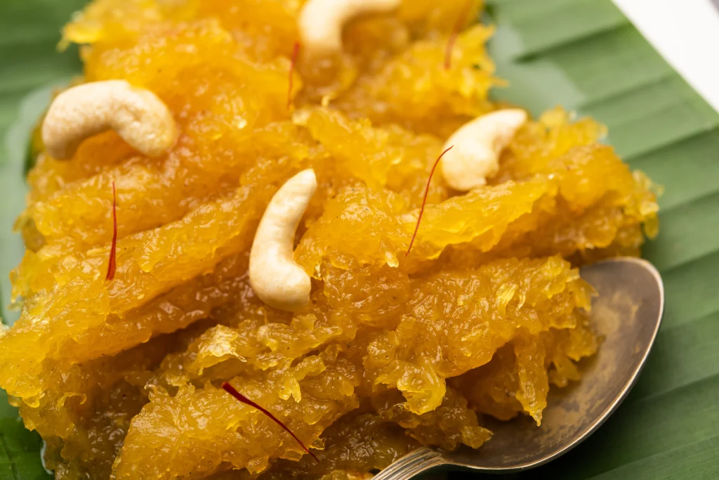 Kashi Halwa (Ash Gourd Pudding) garnished with cashews and saffron, served by Sar V Sri Brahmin catering services in chennai