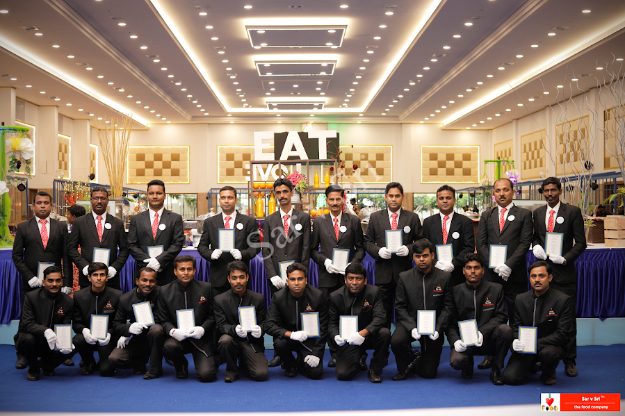 Dedicated team of chefs and servers at engagement celebration, showcasing Sar V Sri’s premium food catering services
