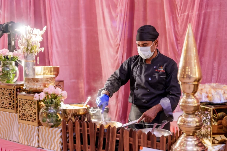 Live Barsi Kofta Chaat counter by professional food catering services at a wedding event