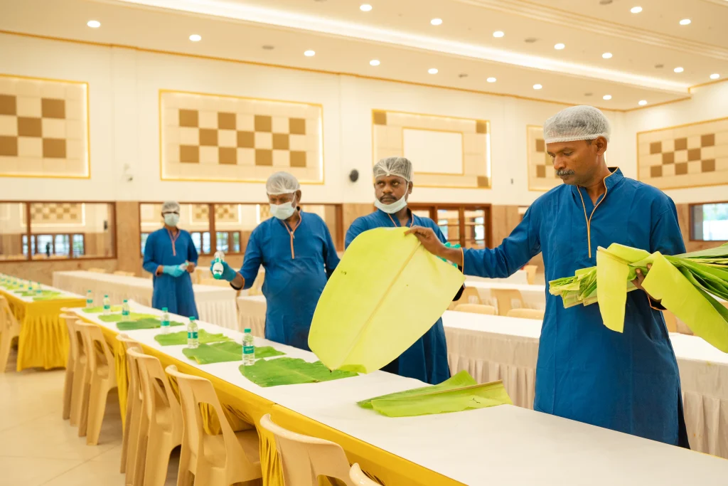Traditional banana leaf dining setup prepared by Sar V Sri wedding catering services in chennai