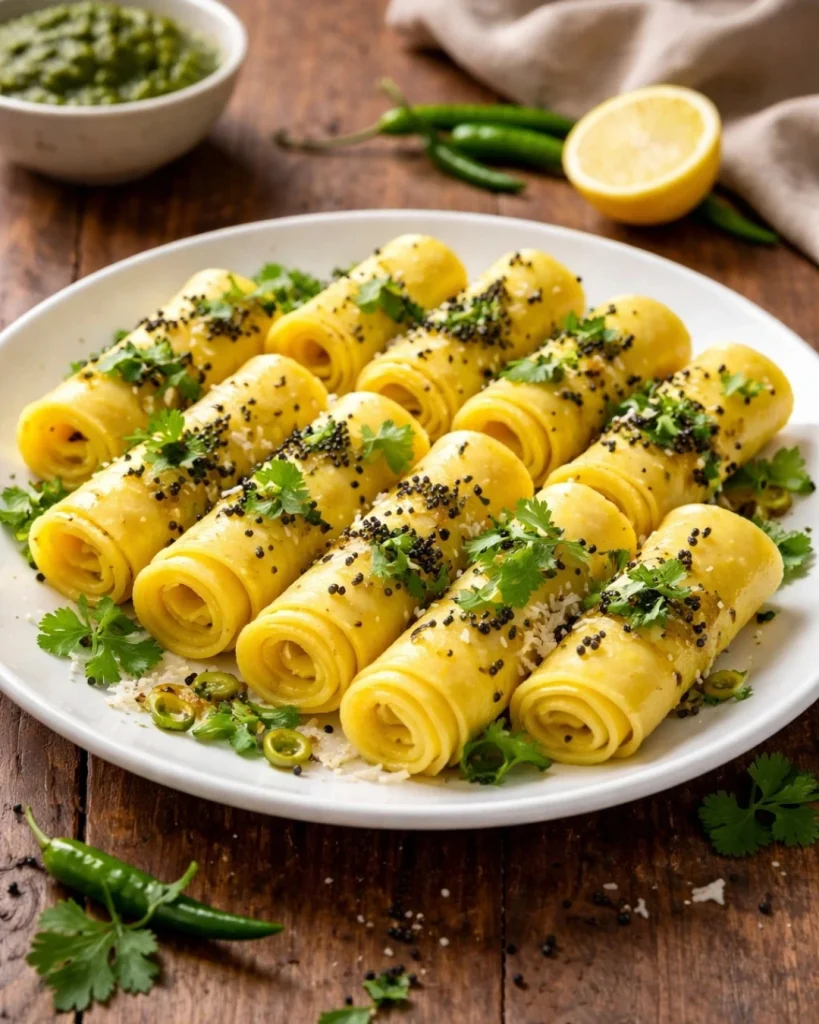 Delicious Gujarati Khandvi rolls garnished with mustard seeds and coriander, served on a white plate