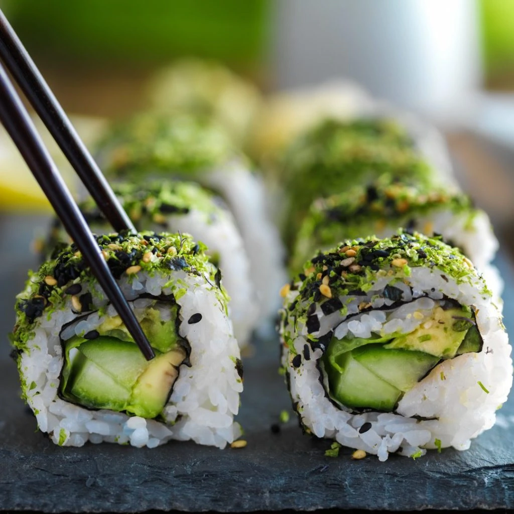 Japanese sushi rolls with cucumber and avocado by Sar v Sri japanese catering services