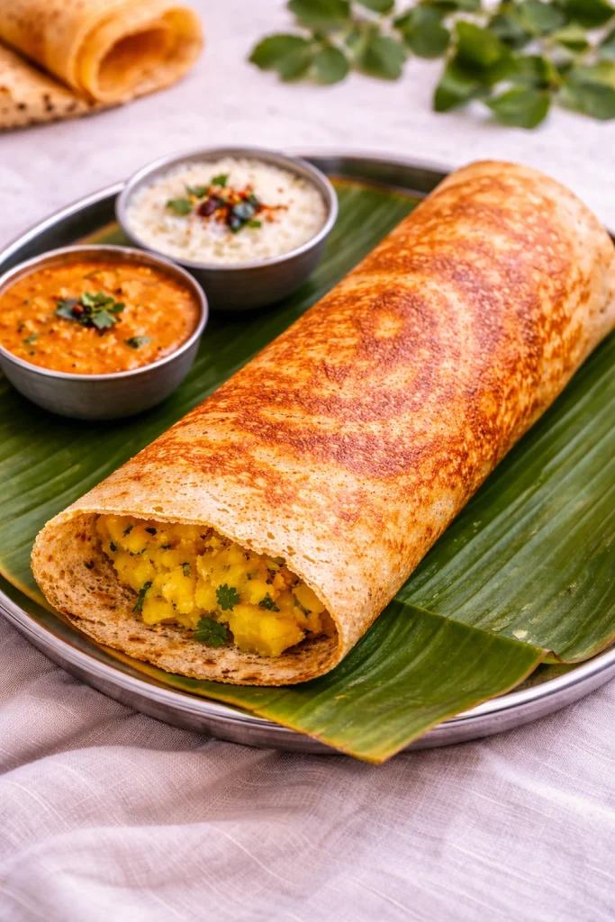 Karnataka masala dosa stuffed with spiced potato filling, served with coconut chutney and sambar on a banana leaf