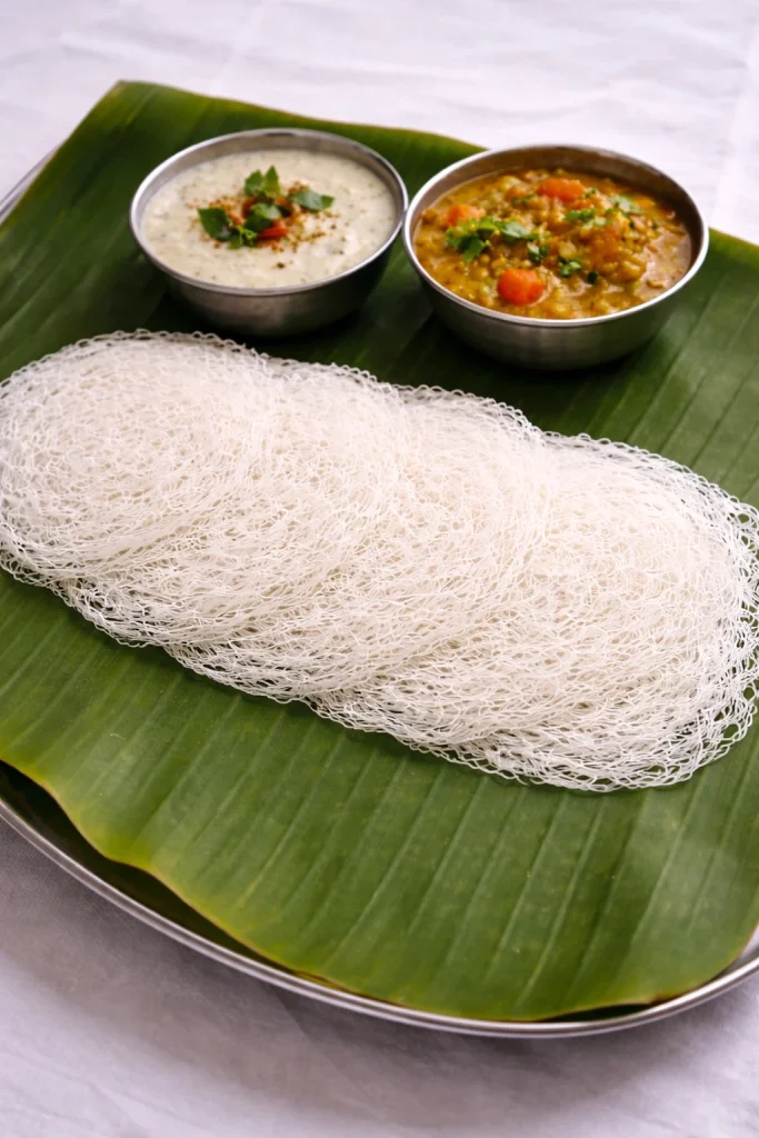 Kerala idiyappam served on a banana leaf with vegetable stew and curry.