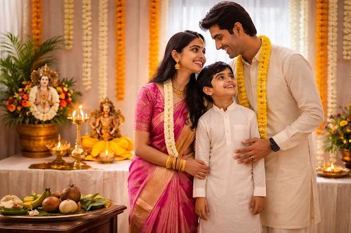 South Indian family celebrating a joyful housewarming with traditional decorations, Ganesha statue, and vibrant floral garlands.