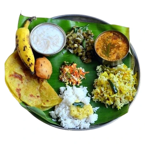 Tamil Nadu meal on banana leaf with rice, sambar, chapati, and vegetables – Tamil Nadu Catering Services by Sar V Sri™