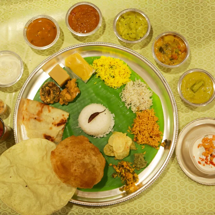 Sar V Sri traditional South Indian vegetarian banana leaf meal for baby shower celebration