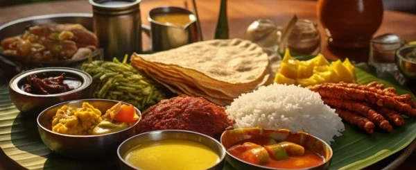 Traditional South Indian wedding meal served on a banana leaf by Sarvsri catering in Chennai
